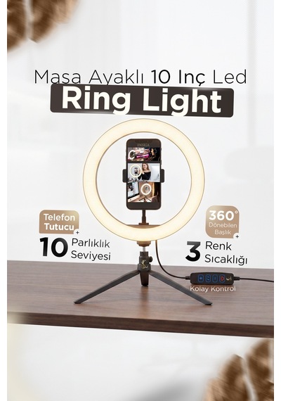 Ensiga Masa Ayaklı 10 Inç Led Ring Lıght Influencer Youtuber Tiktok Telefon Tutucu Makyaj Işığı