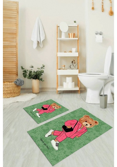 Buççin Online Mağaza Dijital Baskılı Kaymaz Taban Yıkanabilir İkili Banyo Takımı Klozet Takımı Polyester Yeşil Çok Renkli