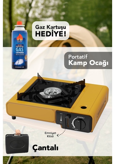Portatif Kamp Ocağı - Taşıma Çantalı Gazlı Stop Emniyetli Sarı Kamp Ocağı Ve 1 Adet 227 Gr Kartuş Sarı