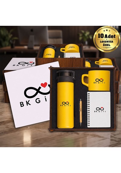 Logonuza Özel 10 Adet Ahşap Kutulu Sarı Kurumsal Hediye Seti Cam Suluk, Seramik Fincan, Defter Ve Kalemli Promosyon Seti