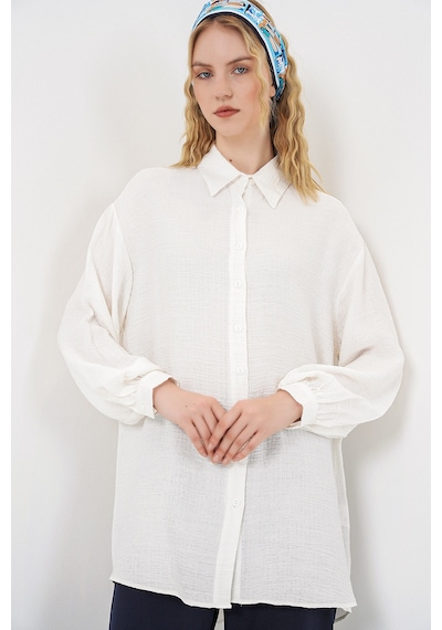 Bigdart Kadın Dokulu Oversize Tunik 5989 - Beyaz