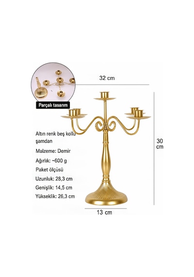 5 Gözlü Şık Restoran Düğün Şamdan Dekoratif Metal Mat Gold Mumluk Mt282sr Altın