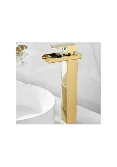 Rena Design Mat Gold Köşeli Gövde Çanak Lavabo Bataryası Havza Model Uzun Altın Lavabo Musluğu Çift Girişarmatür Mat Altın Gold