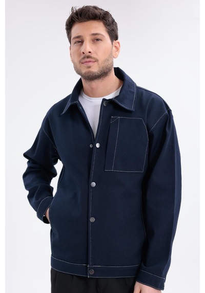 Erkek Dikiş Detaylı Oversize Gabardin Ceket - Mont-392 Lacivert