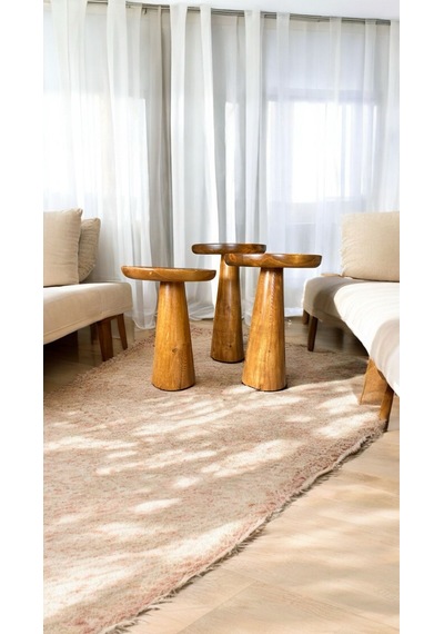 Wood Ahşap 3 Lü Set Mantar Yan Sehpa Konik Model / Tik Ağacı Renk