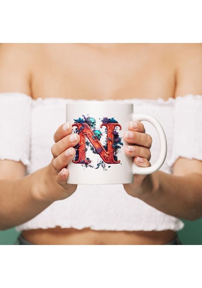 N Harfi Kurukafa Desenli Bardak 330 Ml Kişiye Özel Gotik Tarz Hediye Beyaz