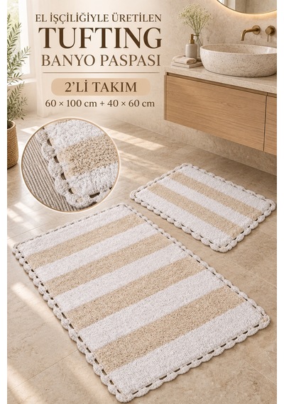 Alanur Bodrum Tufting Cotton Pamuklu El Işi Örgülü 2 Li Paspas 112 Beyaz - Ekru