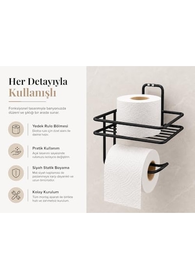 Yapışkanlı Raflı Tuvalet Kağıtlığı - Mat Siyah Metal Paslanmaya Dayanıklı Deliksiz Banyo Düzenleyici Raf Ve Diğer