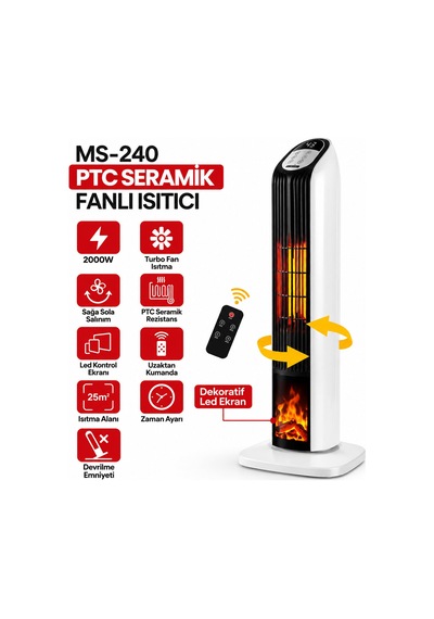 Kumandalı Sıcak Dik Ptc Seramik Fanlı Isıtıcı Led Kontrol Ekran - Devrilme Emniyet 2000w Ms-240 Çok Renkli