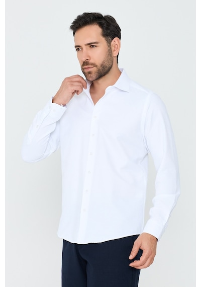 White Stone Beyaz Dokulu Dynamic Fit Erkek Uzun Kollu Gömlek Beyaz-01