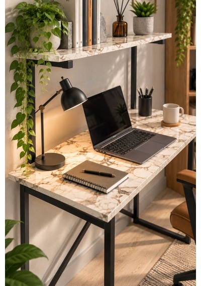 Sulorahome Beyaz Raflı Çalışma Masası Bej Mermer