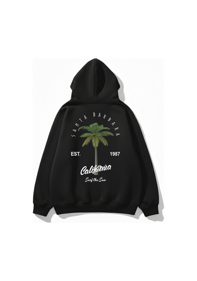 Uyguntarz Unisex Yumuşak Dokulu California Retro Baskılı Tasarım Oversize 3 İplik Hoodie Sweatshirt siyah