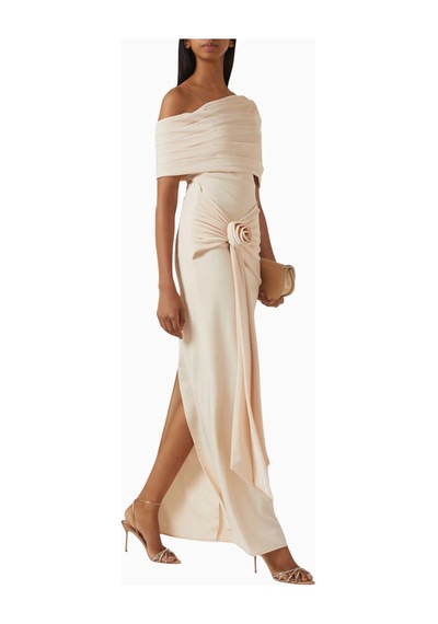Ac By Aanchal Chanda Off - Shoulder Rose Drape Gül Drapeli Omuz Dekolteli Uzun Kadın Elbise Bej