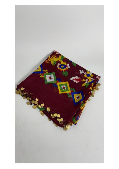 Çengelköy Desenli Pullu Yazma 100x100 Cm Etnik Çiçekli Başörtüsü Çeyizlik Ve Günlük Bordo