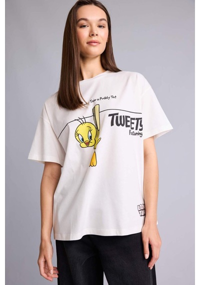 Defacto %100 Pamuk Looney Tunes Oversıze Bisiklet Yaka Sırt Baskılı Kısa Kollu Tişört H4190ax26auwt32 Beyaz-wt32