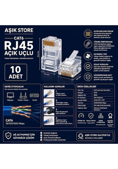 Cat6 Rj45 8p8c Ethernet Konnektör 10 Adet