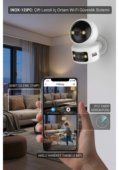 Mob-kam-ınox-ıpc12 Çift Lensli İç Mekan Wifi Ptz Güvenlik Kamerası Bebek Kamerası