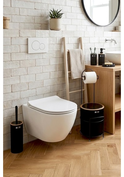 Siyah Yuvarlak Mina Due Standlı Wc Kağıtlık Ve 6 Parça Banyo Seti