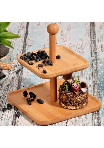 Bambu 2 Katlı Şekerlik Doğal Ahşap İki Gözlü Atıştırmalık Ve Sunum Kabı Pratik Ve Şık Tasarımıyla Çay Saati Sunumlarına Uygun Fonksiyonel Bambu İkramlık Servis Kutusu Çok Renkli