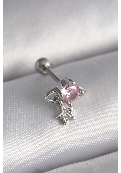 316l Çelik Gümüş Renk Pembe Zirkon Taşlı Sallantı Yıldız Detay Tragus Piercing Çok Renkli