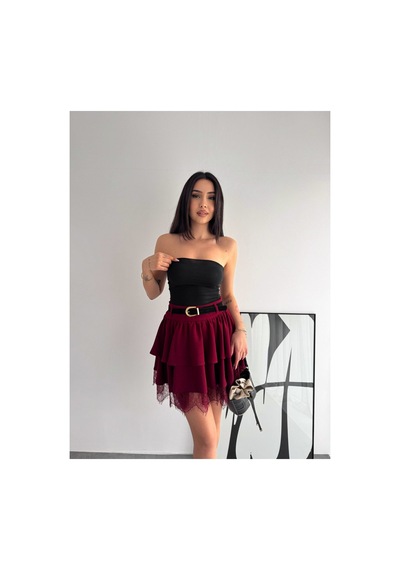 Gugus Kadın Mini Boy Tül/dantel Detaylı Beli Kemerli Volanlı Etek Kırmızı