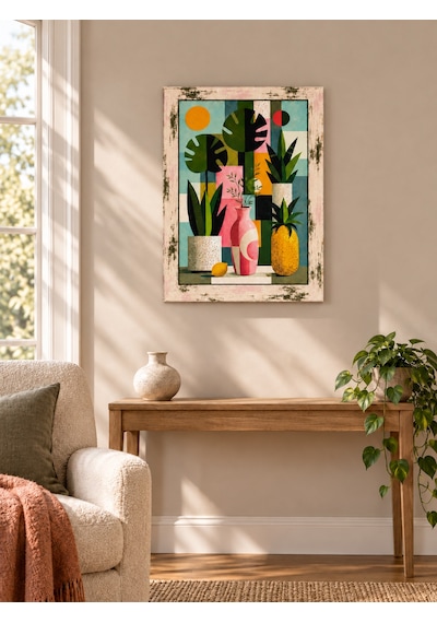 Ahşap Eskitme Çerçeve Desenli Tropikal Geometri Temalı Dekoratif Ahşap Tablo 52x72 Cm