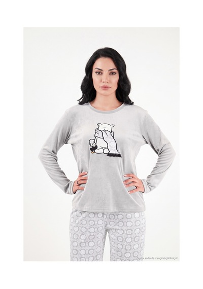 Lela Desenli Yumuşak Dokulu Uzun Kollu Pijama Takımı Kadın Pijama Takımı 6575016 Gri