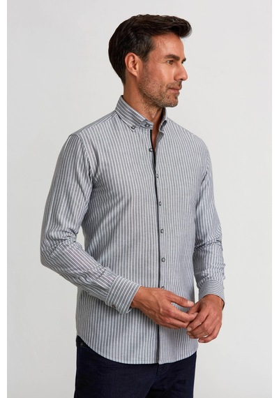 Bisse Modern Fit Düğmeli Yaka Çizgili Siyah Spor Erkek Gömlek Gmczg1622300205 D99 Siyah