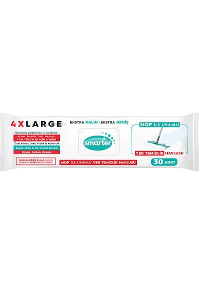 Smarter Beyaz Sabun Kokulu Sirke ve Karbonat Katkılı 4XL Mopa Uyumlu Yer Temizlik Havlusu 30'lu