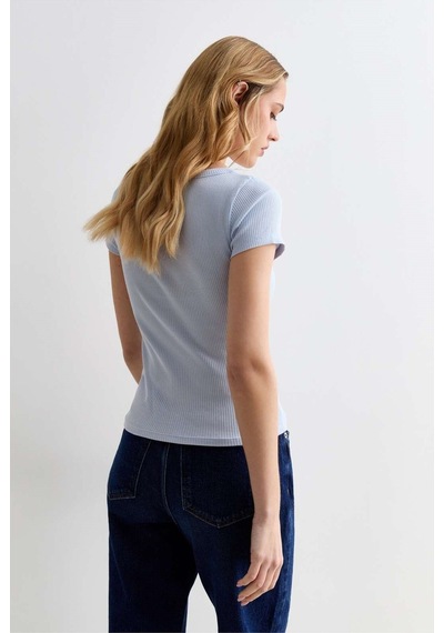Rooted Kadın Kare Yaka T-shirt & Bluz , Likralı Fitilli Kaşkorse Kumaş Mavi