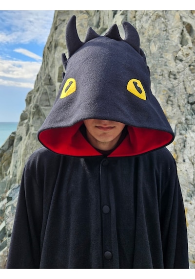 Dişsiz Ejderha Kostümü Yetişkin Siyah Ejderha Pijama Tulum Kostüm