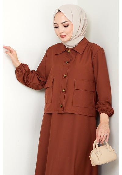 Bestenur Faylin Ceket Elbise İkili Takım 1565 - Taba Taba