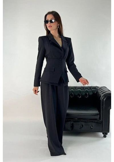 Üçlü Blazer Korse Pantolon Takım Siyah