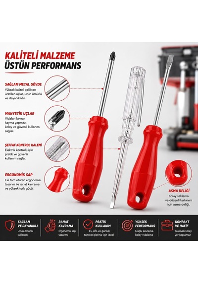 Edonı 3 Lü Tornavida Ve Kontrol Kalemi Seti, 19 Cm Yıldız Ve Düz Uç Tornavida, 20 Cm Kontrol Kalemi, Ergonomik Saplı, Ev Ofis Günlük Tamirat Ve Pratik El Aleti Seti