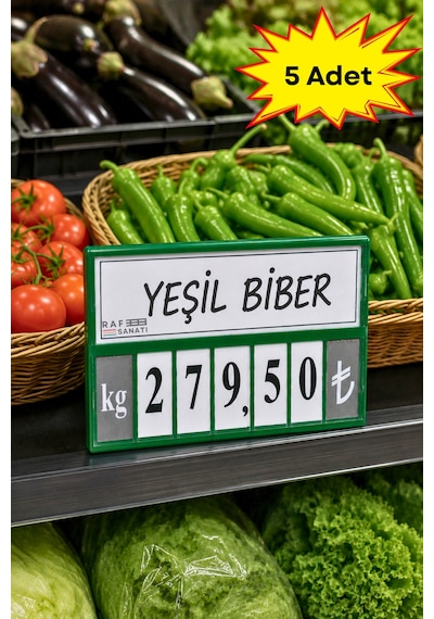 5 Adet - Fiyat Kasetlik Manav Kasap Şarküteri Etiketi Rakamlı Fiyatlık Ayaklı Büyük Boy 123x84 Mm Yeşil