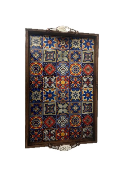 Geleneksel Kütahya Çini Desenli Ahşap Servis Tepsisi Kareli, El Yapımı Seramik Yüzey, 42x27 Cm, Dekoratif Sunum Tepsisi