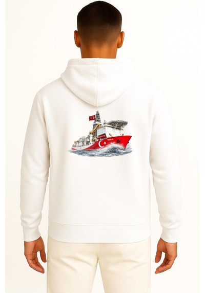 Bahriyeli Collection Kapüşonlu Yavuz Sondaj Gemisi Dalgalar Arası Göğüs Ve Sırt Baskılı Unisex Sweatshirt Beyaz