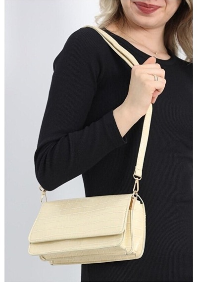 Lovelystore Kroko Desenli 3 Gözlü Günlük Kadın Mini El & Omuz Çantası 24x12 Krem