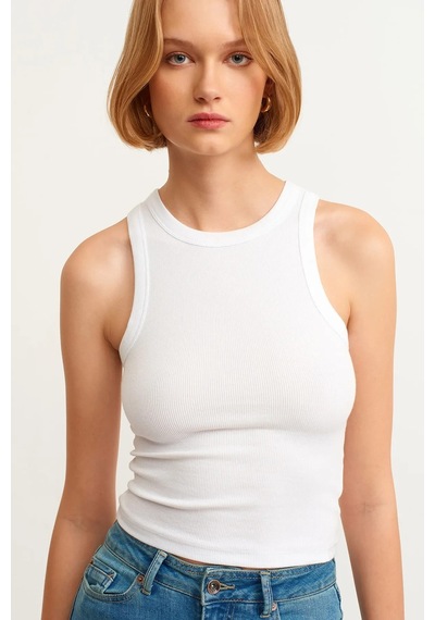 Refox Kadın Beyaz Fitilli T-shirt Halter Yaka Örme Atlet , Sporcu Atlet