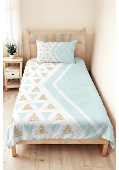 Geometrik Mint Genç Odası Tek Kişilik Pike Takımı-üçgen Beyaz Gold 160x220 Cm Kapitone Yatak Örtüsü Hafif Sis Ufku