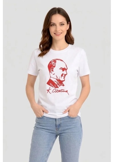 Modi Atatürk Baskılı Tişört Kısa Kollu Bisiklet Yaka T-shirt - Beyaz