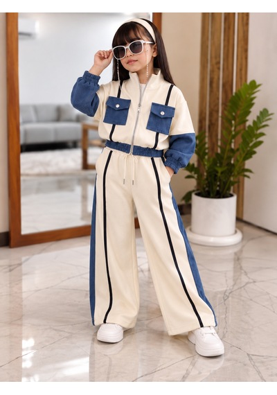Kokoş Bebe Kot Garnili Şerit Detaylı Kız Çocuk 2 Li Eşofman Takım -5/12 Yaş - 31932 Krem