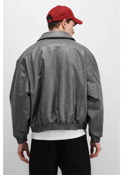 Vamos Oversize Deri Bomber Ceket Gri