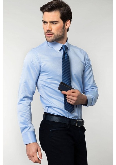 Tudors Modern Slim Fit Dar Kesim Armürlü Erkek Gömlek-4186 Mavi