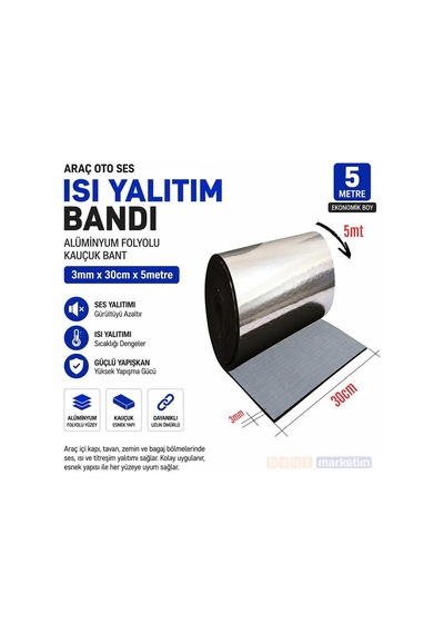 Araç Oto Ses Isı Yalıtım Bandı 3mm X 30cm X 5 Metre Alüminyum Folyolu Kauçuk İzolasyon Bantı