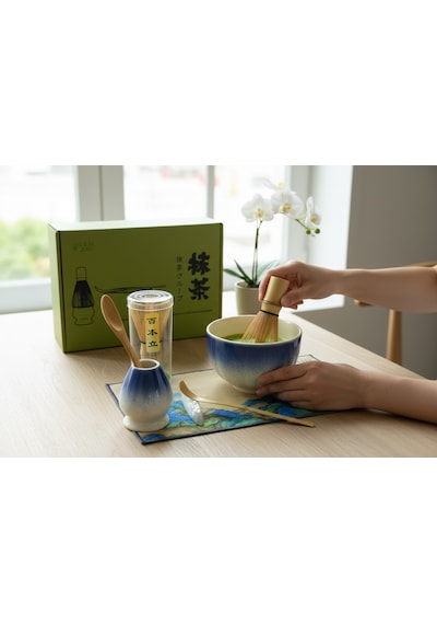 6 Parça Mavi Beyaz Renk Matcha Çayı Hazırlama Seti - Geleneksel Japon Matcha Seti Mavi - Beyaz