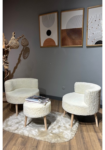 Elegant Comfort Çay Seti Ve Peluş Ikili Berjer & Puf Takımı - 3'lü Set
