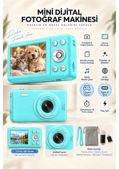 Mimtec Blm-105 102 Mini Dijital Fotoğraf Makinası - 2.8" Hd Ekran 12 Farklı Dil Seçenekli Dijital Video Kamera Mavi