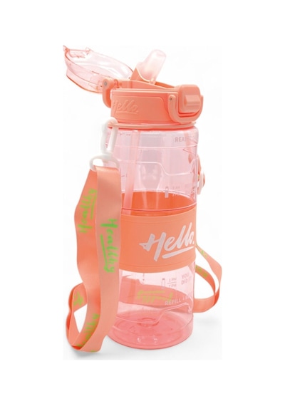 Hello Pipetli Suluk - Günlük Spor Su Şişesi - Renkli Boyun Askılı Okul Çocuk Suluğu 800 Ml Pembe