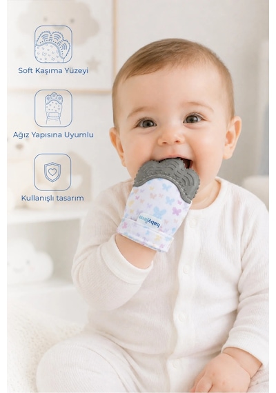 Babyjem Bebek Diş Kaşıyıcı Eldiveni Kelebek Gri